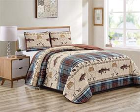 img 4 attached to 🎣 River Lodge Twin Bedding Set: Fly Fishing Themed Rustic Cabin Quilted Bedspread with Southwestern Tartan Check Plaid Tweed Patterns in Blue Brown - Complete with Fishing Rods and Lures