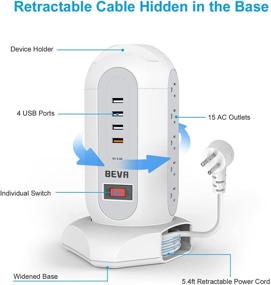 img 2 attached to 💡 BEVA Многофункциональная полоса питания: 15 розеток, 4 USB-порта, защита от скачков напряжения с выдвижным кабелем – идеально подходит для дома, офиса, отеля, общежития – сертифицировано ETL.