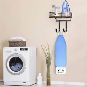 img 3 attached to 🧺 Wall Mount Ironing Board Hanger with Shelf, Metal Iron Holder and Large Storage Wooden Basket, Removable Hooks - Laundry Room Ironing Board Hanger