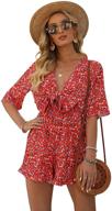 🌸 aimcoo women's floral print deep v neck romper with tie knot front - half sleeves, high elastic waist, ruffle hem - sexy jumpsuit logo