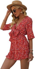 img 2 attached to 🌸 AIMCOO Women's Floral Print Deep V Neck Romper with Tie Knot Front - Half Sleeves, High Elastic Waist, Ruffle Hem - Sexy Jumpsuit