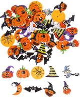 100 pcs halloween wood buttons: pumpkin witch, spider, bat, owl shaped wooden buttons for sewing, scrapbooking, diy decorative embellishments logo