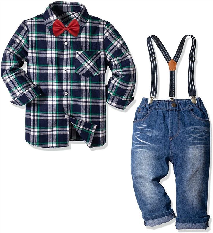 little boys formal clothes toddler gentleman long sleeve red suspenders jeans pants set boys' clothing 로고