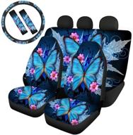 🦋 durable belidome blue butterfly car seat covers for women - complete set with steering wheel protector and shoulder seat belt pads logo