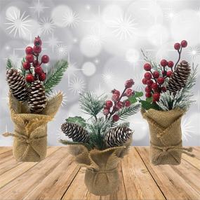 img 1 attached to Set of 3 Pine Berry Pinecone Potted Christmas Decorations - Tabletop Arrangements with Burlap Wrapped Bases - Festive Holiday Decor - Red Berries - Flocked Pine Twigs - Snow Tipped Pinecones