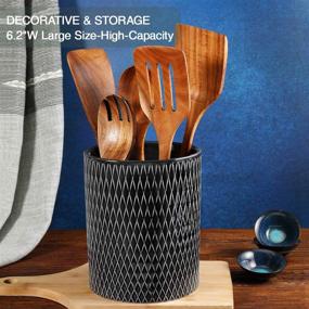 img 2 attached to 🍴 Large Black Ceramic Kitchen Utensil Holder for Countertop, Relief Design Cooking Utensil Organizer - Ideal Kitchen Wedding/Birthday/Housewarming Gift