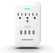 💥 monster wall tap power surge protector - robust protection with 3 outlet and 4 usb ports - perfect for pcs, home appliances, and office devices - white, 3-outlet and 4 usb ports logo