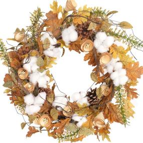 img 4 attached to 🍂 Autumn Artificial Cotton Ball Wreath - Vibrant Green and Yellow Leaf Floral Front Door, Indoor Wall, Wedding, and Home Decoration