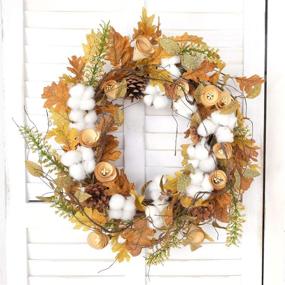 img 1 attached to 🍂 Autumn Artificial Cotton Ball Wreath - Vibrant Green and Yellow Leaf Floral Front Door, Indoor Wall, Wedding, and Home Decoration