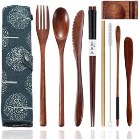 img 4 attached to Reusable Wooden Bamboo Cutlery Set: 9-Piece Travel Utensils with Case, Including Fork, Spoon, Knife, Chopsticks, and Straw - Eco-Friendly Wood Flatware for Eating on the Go