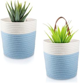 img 3 attached to 🧺 VASS Group 2-Pack Cotton Rope Baskets with Leather Handles – 8”x 7” Durable Hanging Woven Wall Baskets Storage Bins for Home Decor and Organization – Small Hanging Basket for Plants – Blue