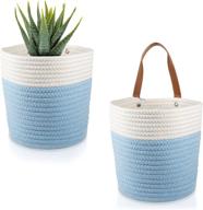 🧺 vass group 2-pack cotton rope baskets with leather handles – 8”x 7” durable hanging woven wall baskets storage bins for home decor and organization – small hanging basket for plants – blue logo