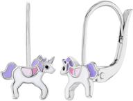 🦄 925 sterling silver leverback unicorn dangle earrings - white & purple enamel, ideal for little girls & pre-teens, perfect gift for animal lover kids logo