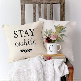 img 1 attached to 🦄 PANDICORN Farmhouse Pillow Covers: Welcome to Our Porch Stay Awhile - Rustic Black and Cream Throw Pillow Cases for Porch Décor in 18x18 Size (Set of 2)