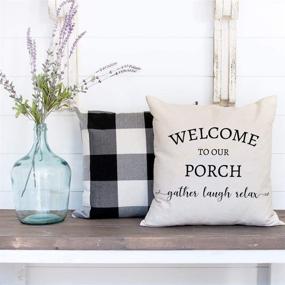 img 2 attached to 🦄 PANDICORN Farmhouse Pillow Covers: Welcome to Our Porch Stay Awhile - Rustic Black and Cream Throw Pillow Cases for Porch Décor in 18x18 Size (Set of 2)