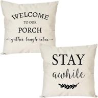 🦄 pandicorn farmhouse pillow covers: welcome to our porch stay awhile - rustic black and cream throw pillow cases for porch décor in 18x18 size (set of 2) logo