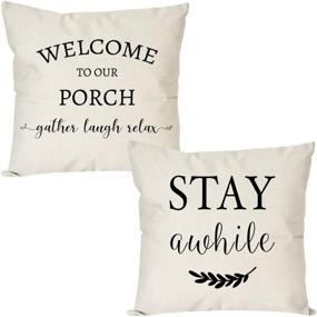 img 4 attached to 🦄 PANDICORN Farmhouse Pillow Covers: Welcome to Our Porch Stay Awhile - Rustic Black and Cream Throw Pillow Cases for Porch Décor in 18x18 Size (Set of 2)