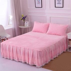 img 4 attached to 🛏️ LIFEREVO Luxury Velvet Diamond Quilted Fitted Bed Sheet with Pompoms Fringe - Queen Pink, 3 Side Coverage, 18 inch Drop Dust Ruffle Bed Skirt