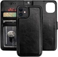 black pu leather wallet case for iphone 11 6.1 inch with card holder, magnetic detachable kickstand, shockproof, wrist strap, and removable flip cover logo