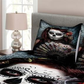 img 2 attached to 🌺 Ambesonne Day of the Dead Bedspread, Makeup Artist Girl Skull Roses Scary Art Print, Decorative 3 Piece Quilted Coverlet Set with 2 Pillow Shams, Queen Size, Blue Maroon