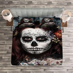 img 1 attached to 🌺 Ambesonne Day of the Dead Bedspread, Makeup Artist Girl Skull Roses Scary Art Print, Decorative 3 Piece Quilted Coverlet Set with 2 Pillow Shams, Queen Size, Blue Maroon