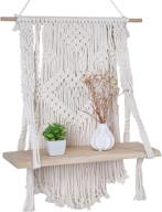 🌿 boho macrame wall hanging shelf for small plants - handmade woven home organizer decor with wooden floating storage shelves - cotton rope (16.5wx23l) logo