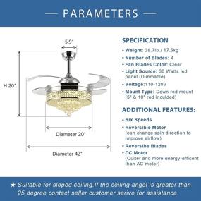 img 1 attached to 🌙 "Реверсивный потолочный вентилятор Mooni с возможностью регулировки яркости – вентиляторы с ретракционными лопастями и подсветкой с кристальным люстровым набором для спальни и кухонной островной столешницы – полированный хром, 42 дюйма