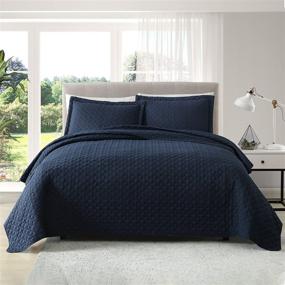 img 3 attached to Tempcore Quilt Queen Size Navy Blue 3 Piece Bedspread Set: Lightweight Microfiber Soft Coverlet for All Seasons - Includes 1 Quilt and 2 Shams