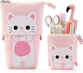 img 4 attached to 🐱 EASTHILL Cartoon Cute Cat Canvas Pencil Pouch Pen Bag Standing Holder Case Student Box (Pink)