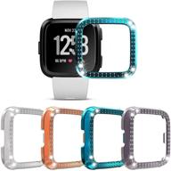 bling case for fitbit versa/versa lite - 4 pack rhinestone protector covers in gray, silver, indigo, and rose gold logo