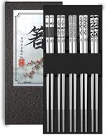 🥢 premium reusable metal chopsticks - 316 stainless steel, dishwasher safe, laser engraved patterns, non-slip (5 pairs) - perfect for japanese korean cooking eating training logo