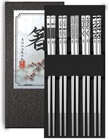 img 4 attached to 🥢 Premium Reusable Metal Chopsticks - 316 Stainless Steel, Dishwasher Safe, Laser Engraved Patterns, Non-Slip (5 Pairs) - Perfect for Japanese Korean Cooking Eating Training