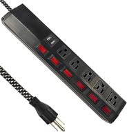 6ft surge protector power strip with individual switches and 2 usb ports (2.4a/1875w), 5 outlet extension cord with surge protection, long 6ft cord, wall mountable – ideal for home office (black) logo