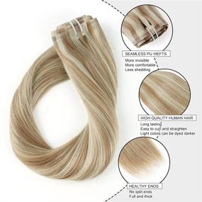 img 3 attached to 👩 Sixstarhair PU Clip In Hair Extensions Highlight Ash Brown and Ash Blonde - Seamless Clip In Remy Human Hair Extensions (120g Pack, 16 inch)