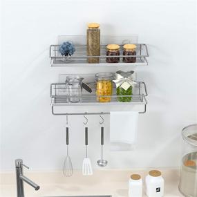 img 2 attached to 🛁 2 Pack Orimade Adhesive Shower Caddy Organizer Shelf with Towel Bar Rail - Rustproof Wall Mounted Bathroom and Kitchen Storage - No Drilling, Spice Rack Included
