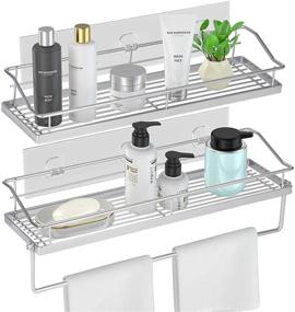img 4 attached to 🛁 2 Pack Orimade Adhesive Shower Caddy Organizer Shelf with Towel Bar Rail - Rustproof Wall Mounted Bathroom and Kitchen Storage - No Drilling, Spice Rack Included