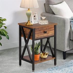 img 1 attached to 🛏️ VECELO Modern Nightstand Set - Industrial Metal Frame, Brown, Living Room Bedroom Side End Table with Bin Drawer - Pack of 2