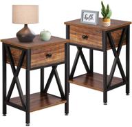 🛏️ vecelo modern nightstand set - industrial metal frame, brown, living room bedroom side end table with bin drawer - pack of 2 logo