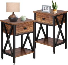 img 2 attached to 🛏️ VECELO Modern Nightstand Set - Industrial Metal Frame, Brown, Living Room Bedroom Side End Table with Bin Drawer - Pack of 2