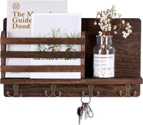 img 4 attached to Wall Mounted Key Mail Holder Wooden Mail Sorter with Double Key Hooks and Floating Shelf - Home Decor for Entryway or Mudroom, Dark Brown