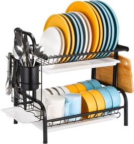 img 4 attached to 🍽️ 2-Tier Stainless Steel Dish Drying Rack with Drainboard - Large, Rust-Proof Dish Drainer for Kitchen Counter - Includes Utensil Holder, Cutting Board Holder - Black