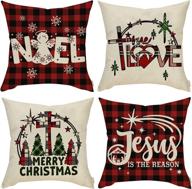 🎄 fahrendom christmas tree cross decorative pillow cover set of 4 – 18x18 xmas noel love decoration farmhouse religious throw pillowcase in red black buffalo plaid – holiday cushion case for home decor логотип