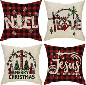 img 4 attached to 🎄 Fahrendom Christmas Tree Cross Decorative Pillow Cover Set of 4 – 18x18 Xmas Noel Love Decoration Farmhouse Religious Throw Pillowcase in Red Black Buffalo Plaid – Holiday Cushion Case for Home Decor