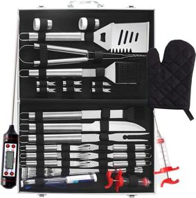 img 4 attached to SENDAIST All-in-One BBQ Grill Tool Set – 32 Piece Camping Grilling Accessories – Portable Utensil Set with Thermometer in Sturdy Aluminum Case