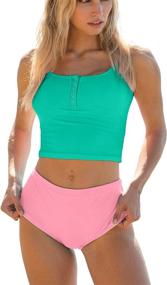 img 4 attached to 👙 Women's Retro Athletic Two Piece Swimwear: High-Waisted Bikini Tops with Button Cut Out Detail and Full Coverage Bottoms