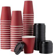 🔴 [pack of 50] 12 oz. insulated double wall paper hot coffee cups with lids, rippled design - in burgundy color logo