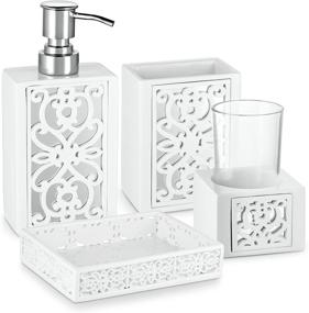 img 4 attached to 🪞 Dwellza Mirror Janette Bathroom Accessories Set - 4 Piece Bath Ensemble Collection with Soap Dispenser Pump, Toothbrush Holder, Tumbler, Soap Dish in White
