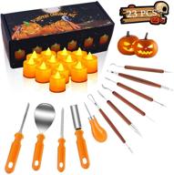 halloween pumpkin carving kit, 11-piece tools set + 12 led pumpkin candles lights | premium stainless steel pumpkin cutting knives for halloween decoration logo