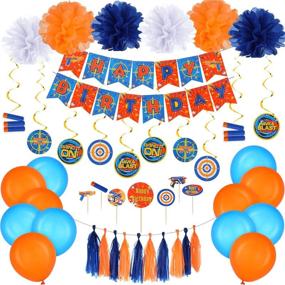 img 4 attached to 🎯 53 Piece Dart War Birthday Banner Party Decorations Set - Dart Gun Birthday Supplies with Paper Flower Pom Pom, Hanging Swirls, Latex Balloons, Tassel Garland, Cake Cupcake Topper