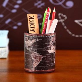 img 2 attached to LINKWELL Black World Map PU Leather Pencil Pen Holder Desk Organizer - Stylish and Functional PH46